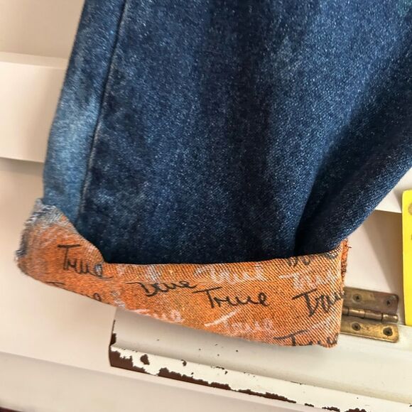 Upcycled Frayed Patchwork Jeans 33" Waist Handmade Streetwear Pants Painted - Picture 9 of 16